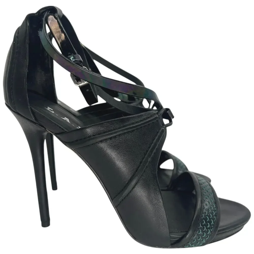 L.A.M.B. Gwen Stefani Black Leather Strappy Heels Iridescent Strap Stiletto 6.5